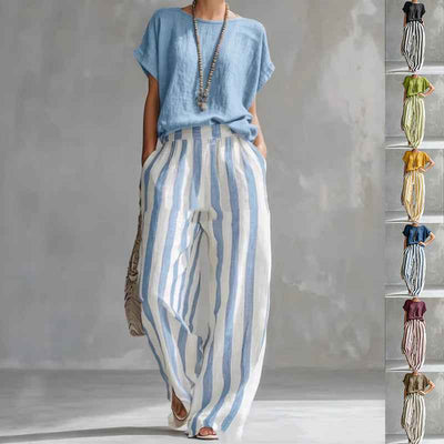 Ensemble d'été deux pièces pour femme – Haut à manches courtes et pantalon droit rayé