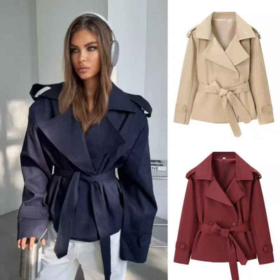 Trench-court court pour femmes à ceinture, couleur unie – Style européen raccourci avec ceinture à la taille