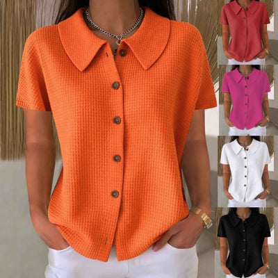 Chemise décontractée à manches courtes, col rabattu, tissage gaufré, couleur unie, coupe ample - Haut léger d'été en mélange de coton pour femmes, pour un usage quotidien