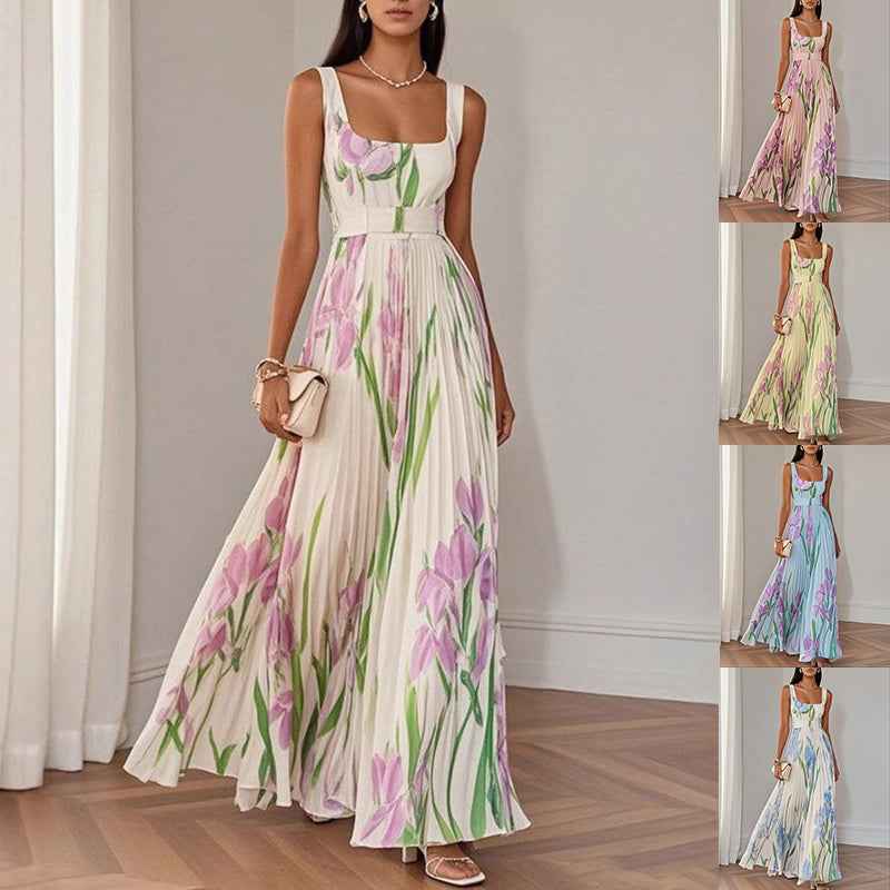 Robe midi plissée à imprimé floral, coupe trapèze sans manches, pour femme - Été