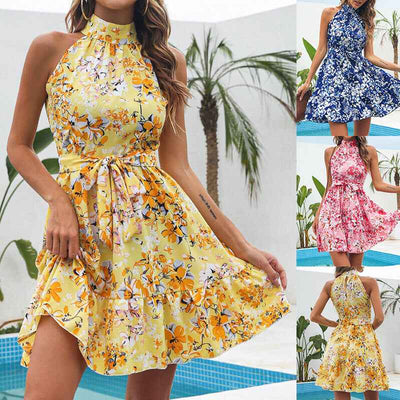 Robe Longue Fleurie à Col Dos-Nu pour Femme – Style Été avec Lacets et Volants