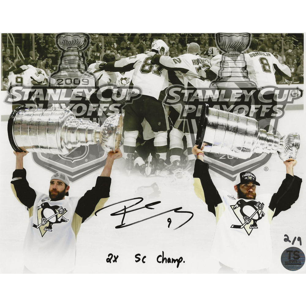 Pascal Dupuis Œuvre d'art autographiée des Penguins de Pittsburgh inscrite "2x Champion de la Coupe Stanley" LE /9 Photo 20x25 cm