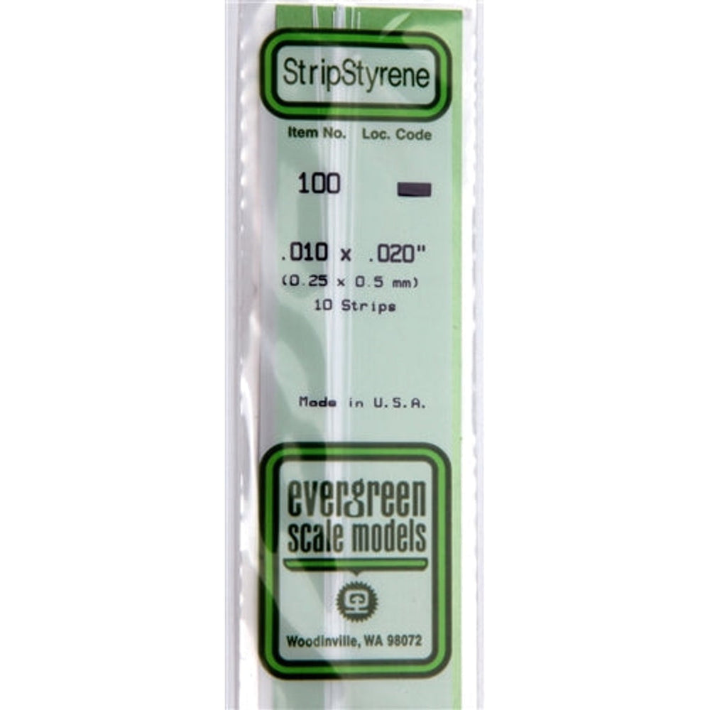 Evergreen Scale Models 100 Bande de styrène .010 x .020" (0,25 x 0,5 mm) 10 bandes NIB