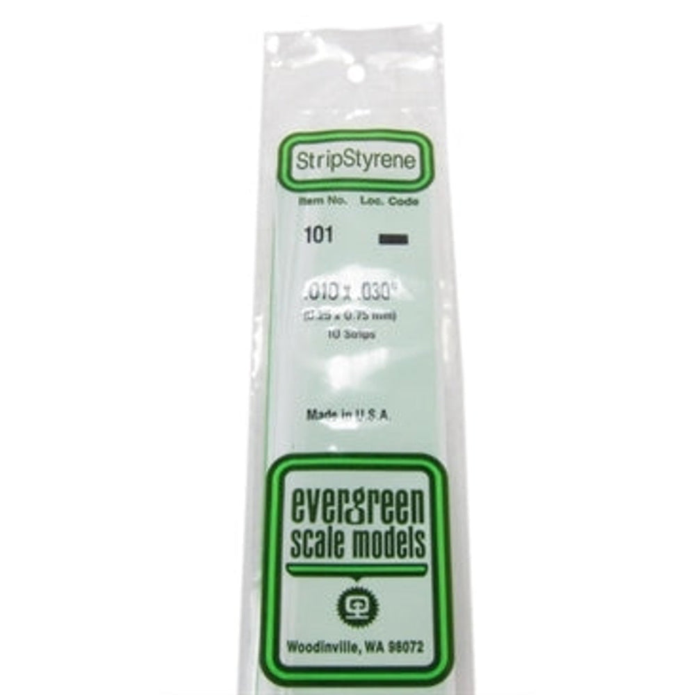 Evergreen Scale Models 101 Bande de styrène .010 x .030" (0,25 x 0,75 mm) 10 bandes NIB