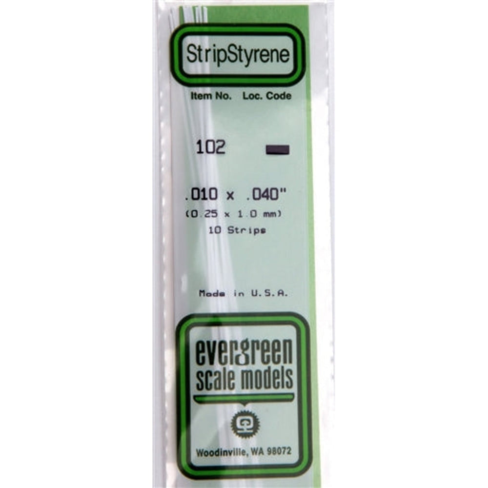 Evergreen Scale Models 102 Bande de styrène .010 x .040" (0,25 x 1,0 mm) 10 bandes NEUF