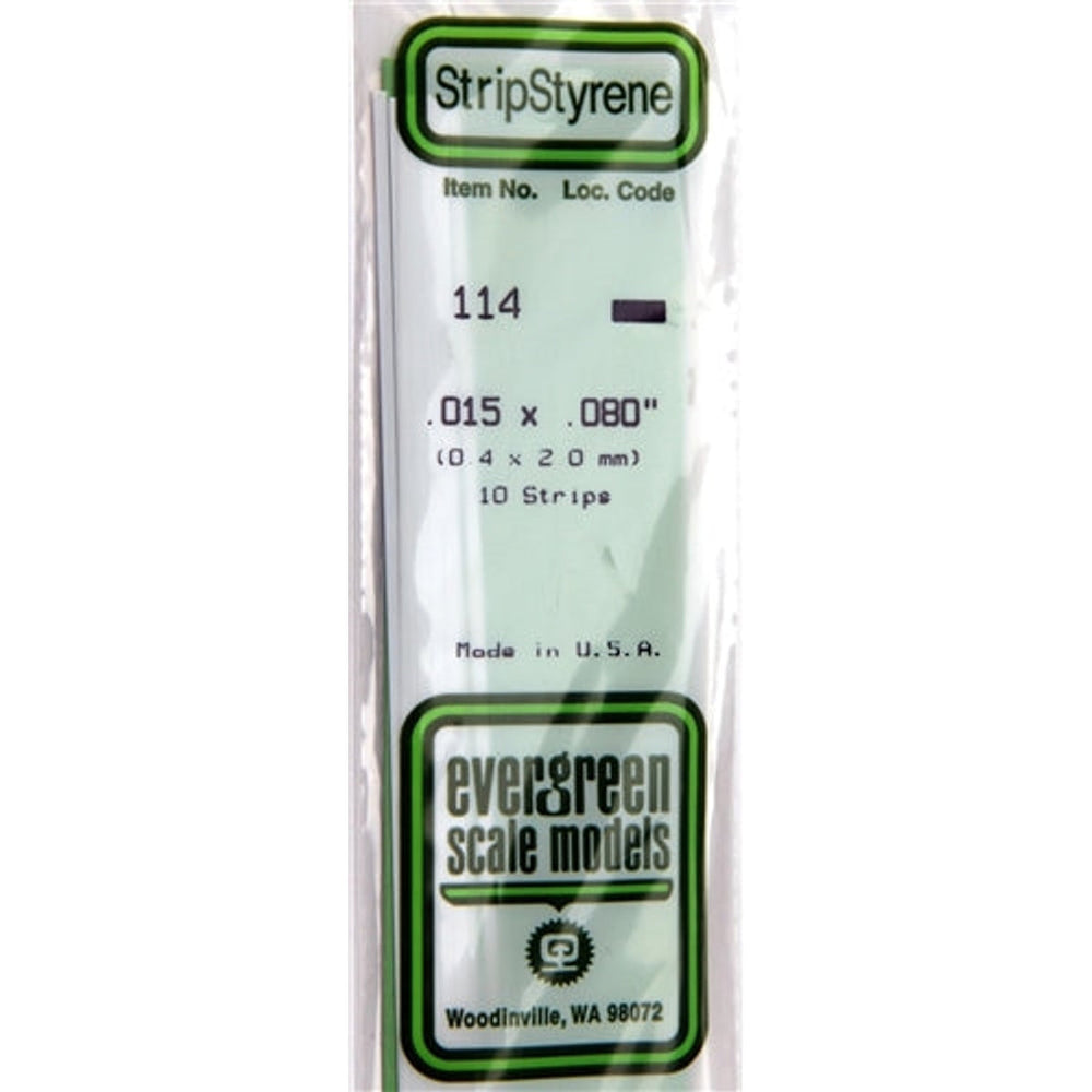 Evergreen Scale Models 114 Bande de styrène .015 X .080" (0,4 X 2,0 mm) 10 bandes NIB