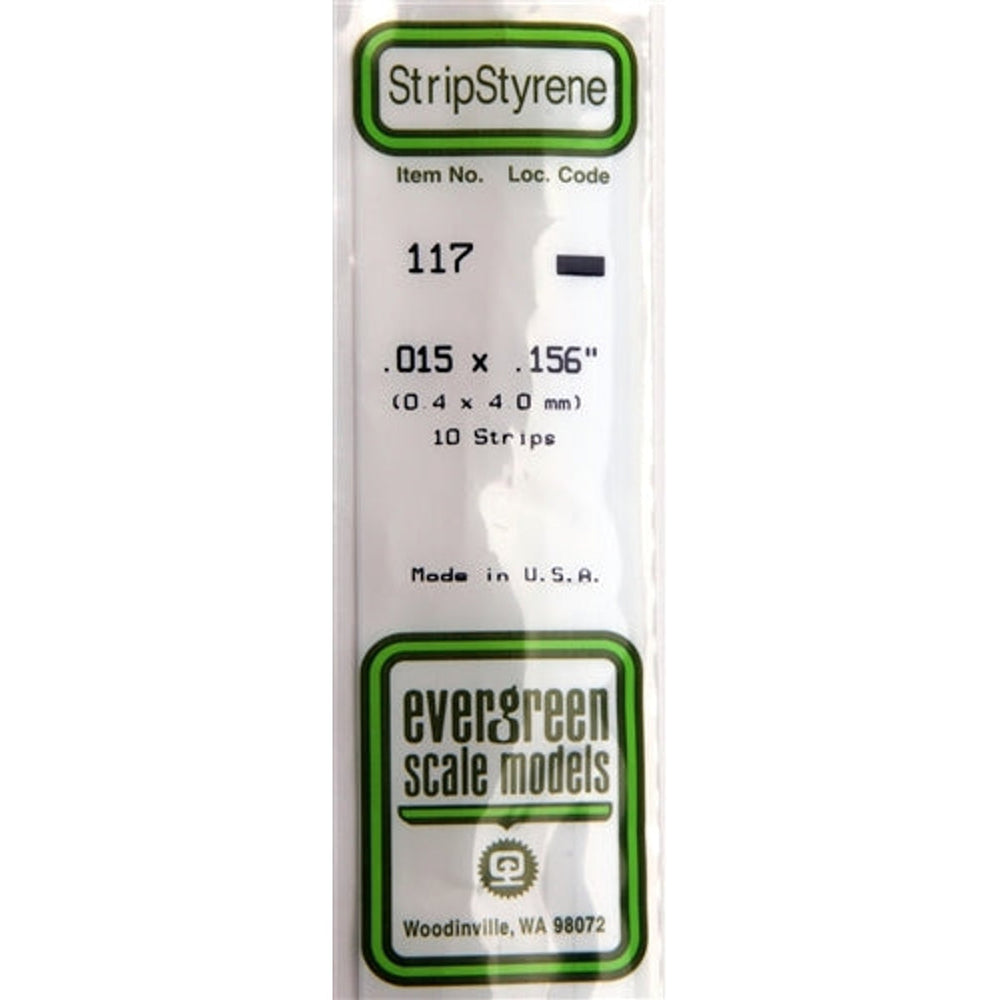 Evergreen Scale Models 117 Bande de styrène .015 X .156" (0.4 X 4.0mm) 10 bandes NIB