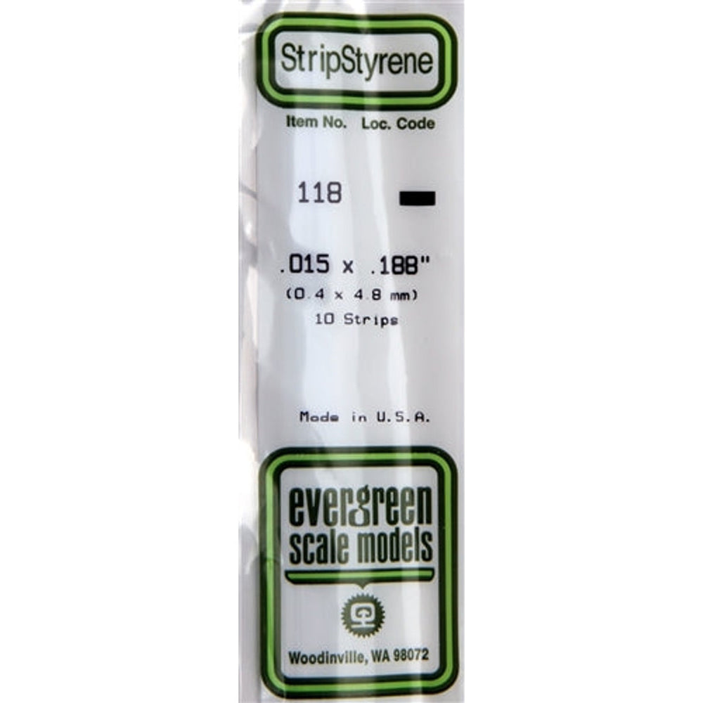 Evergreen Scale Models 118 Styrene Strip .015 X .188" (0.4 X 4.8mm) 10 bandes NIB