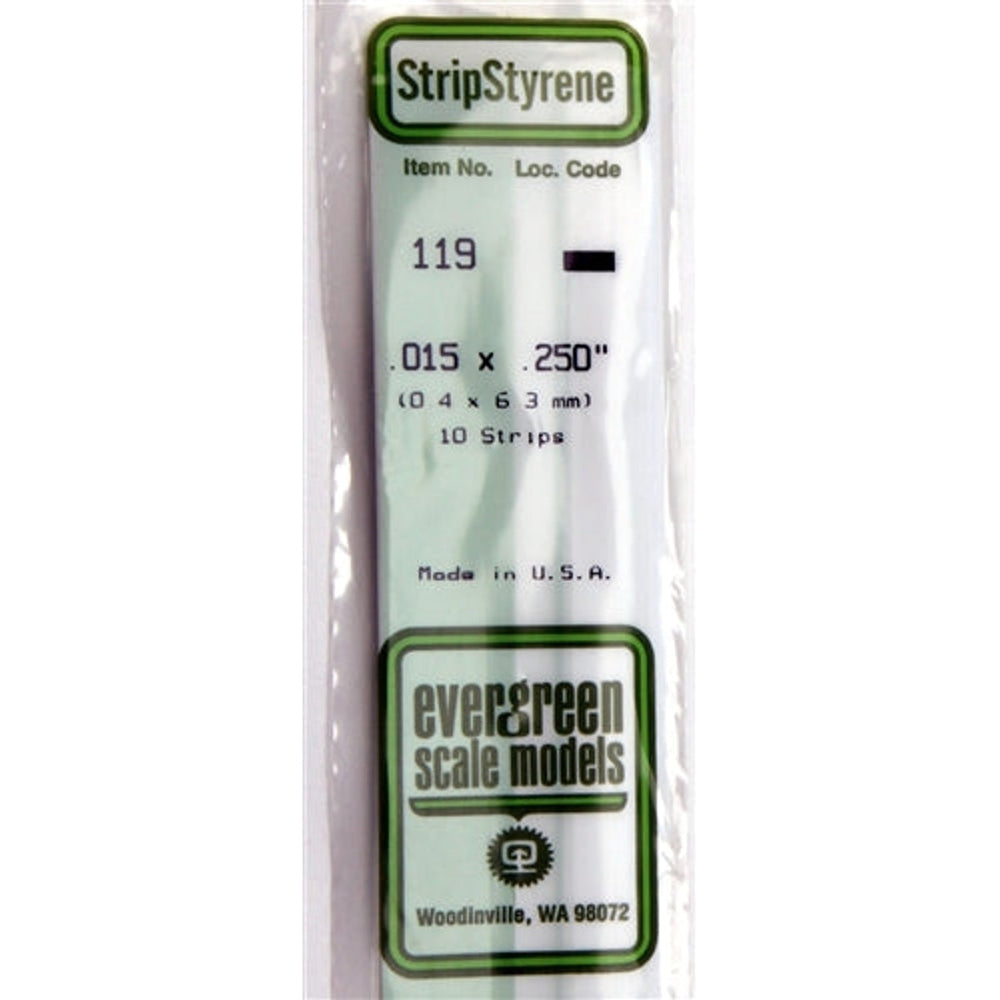 Evergreen Scale Models 119 Bande de styrène .015 X .250" (0,4 X 6,3 mm) 10 bandes NEUF
