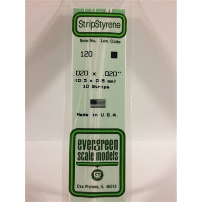 Evergreen Scale Models 120 Bande de styrène .020 X .020" (0,5 X 0,5 mm) 10 bandes NIB