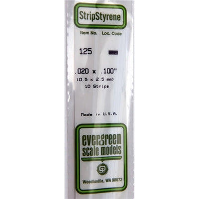 Evergreen Scale Models 125 Bande de styrène .020 X .100" (0,5 X 2,5 mm) 10 bandes NIB