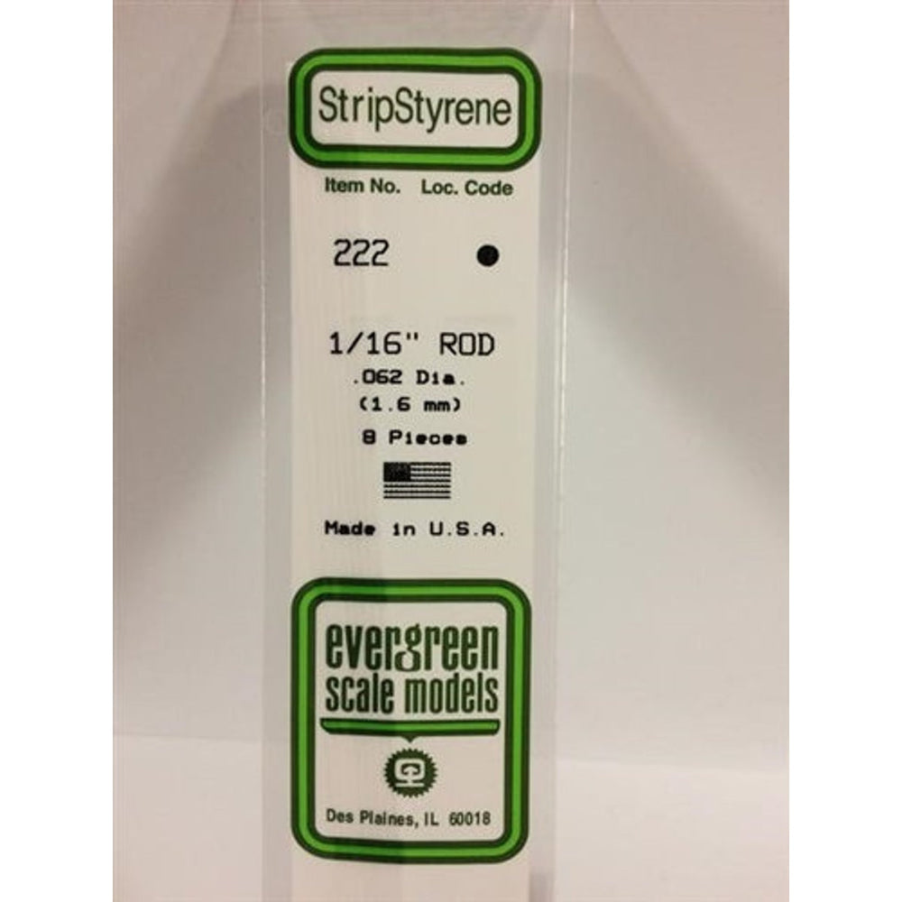 Maquettes Evergreen 222 Tige de styrène .062" (1,6 mm) 8 pièces NIB