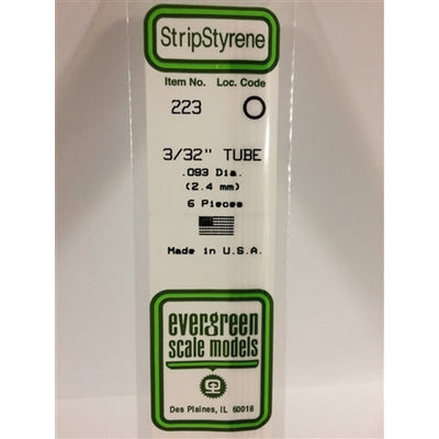 Evergreen Scale Models 223 Styrene Tube .093" (.24cm) Diameter Pkg of 6 NIB