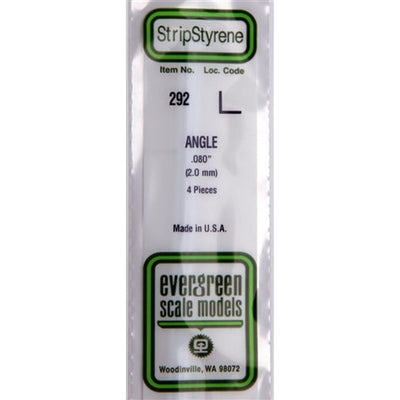 Maquettes Evergreen 292 Plastique à angle 0,080 po (2,0 mm) 4 pièces NIB