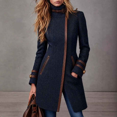 Manteau mi-long en tweed à chevrons pour femmes – Veste en mélange de laine avec fermeture éclair latérale