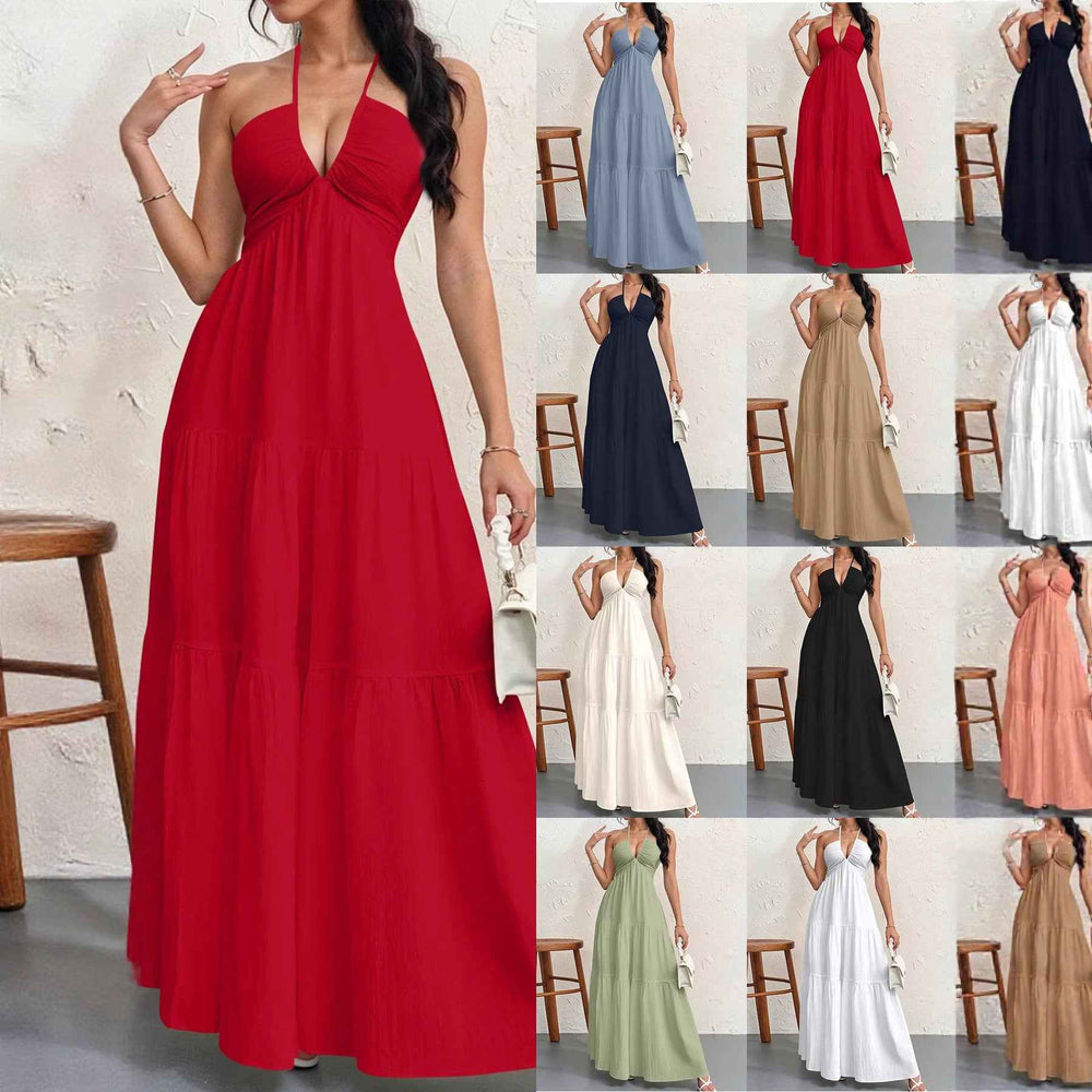 Backless Halterneck V-Neck Pleated A- Line Dress Women's Clothing One-Piece Dress Ankle-length Skirt For Beach Vacation Outfits