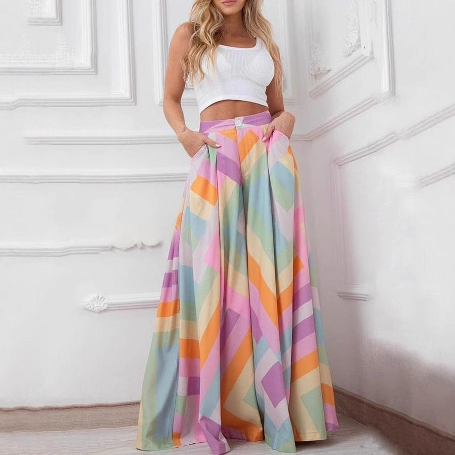 Pantalon large taille haute uni pour femmes