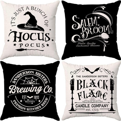 Set of 4 Halloween Pillow Covers 18 × 18 in – Hocus Pocus Black & White Fall Decor (Canada Delivery Only)