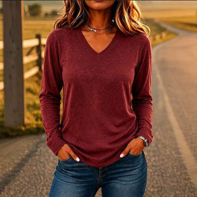 T-shirt ample à col en V pour femmes, manches longues – Haut décontracté uni à enfiler