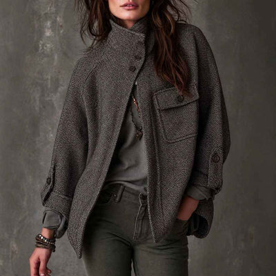 Women’s Vintage Oversized Herringbone Wool Coat – Long Relaxed-Fit Winter Outerwear Jacket