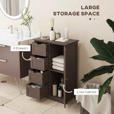 Brown Bathroom Storage Cabinet – Freestanding Floor Cabinet with 4 Drawers & Adjustable Shelf (United States & Canada Delivery Only)