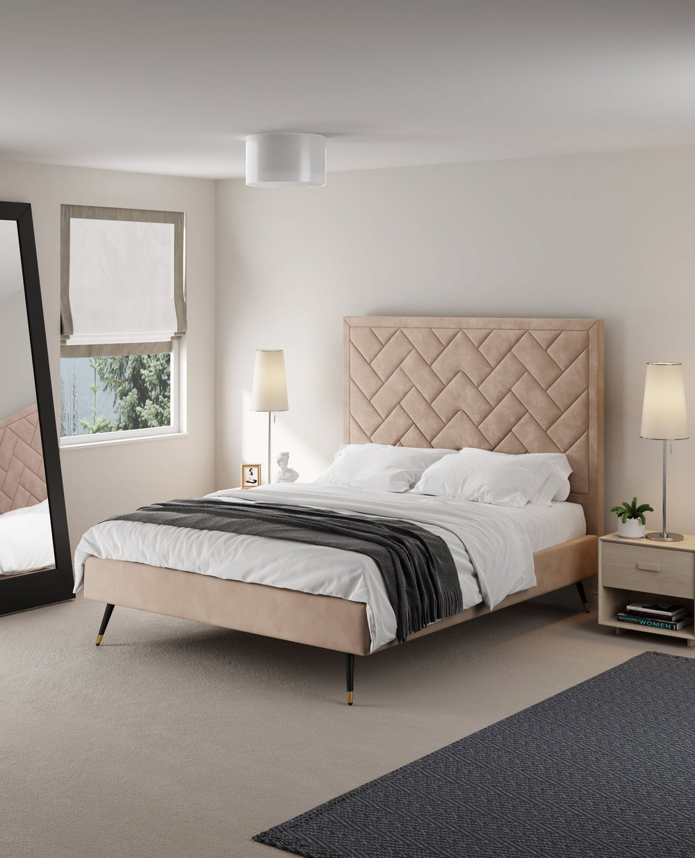 Lit plateforme Queen Gallagher rembourré en velours - Nude Beige