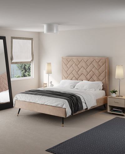 Gallagher Upholstered Velvet Platform Queen Bed - Nude Beige