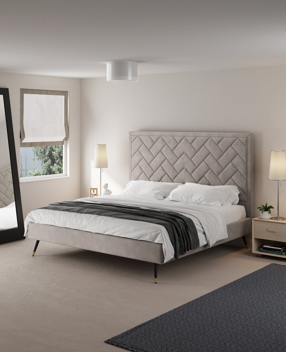 Lit plateforme rembourré en velours Gallagher - Greige