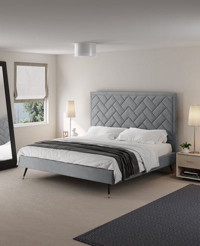 Gallagher Upholstered Velvet Platform Bed - Grey