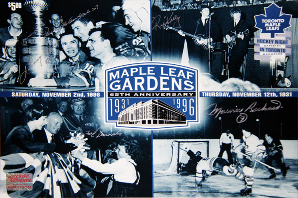 MAPLE LEAF GARDENS 65E ANNIVERSAIRE PHOTO 11X14 AVEC 5 AUTOGRAPHES – TORONTO MAPLE LEAFS ET MONTREAL CANADIENS (14" X 11") – CADRE POUR PHOTOS AUTOGRAPHIÉES – OBJET DE COLLECTION AUTHENTIQUE SIGNÉ