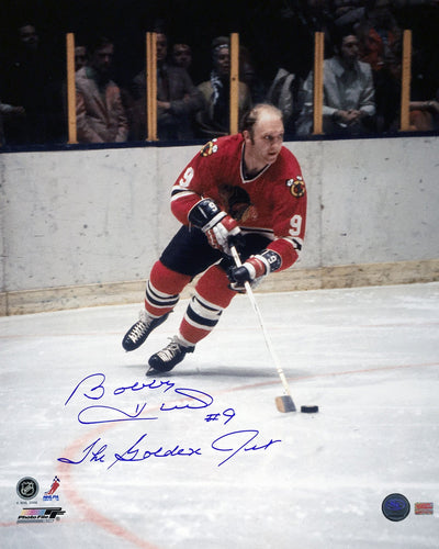 PHOTO BOBBY HULL SIGNÉE 16" X 20" DES BLACKHAWKS DE CHICAGO « GOLDEN JET » SOUVENIR DE HOCKEY LNH AUTOGRAPHIÉ (20" X 16") – PRÉSENTOIR DE SOUVENIRS AUTOGRAPHIÉS – OBJET DE COLLECTION AUTHENTIQUE SIGNÉ