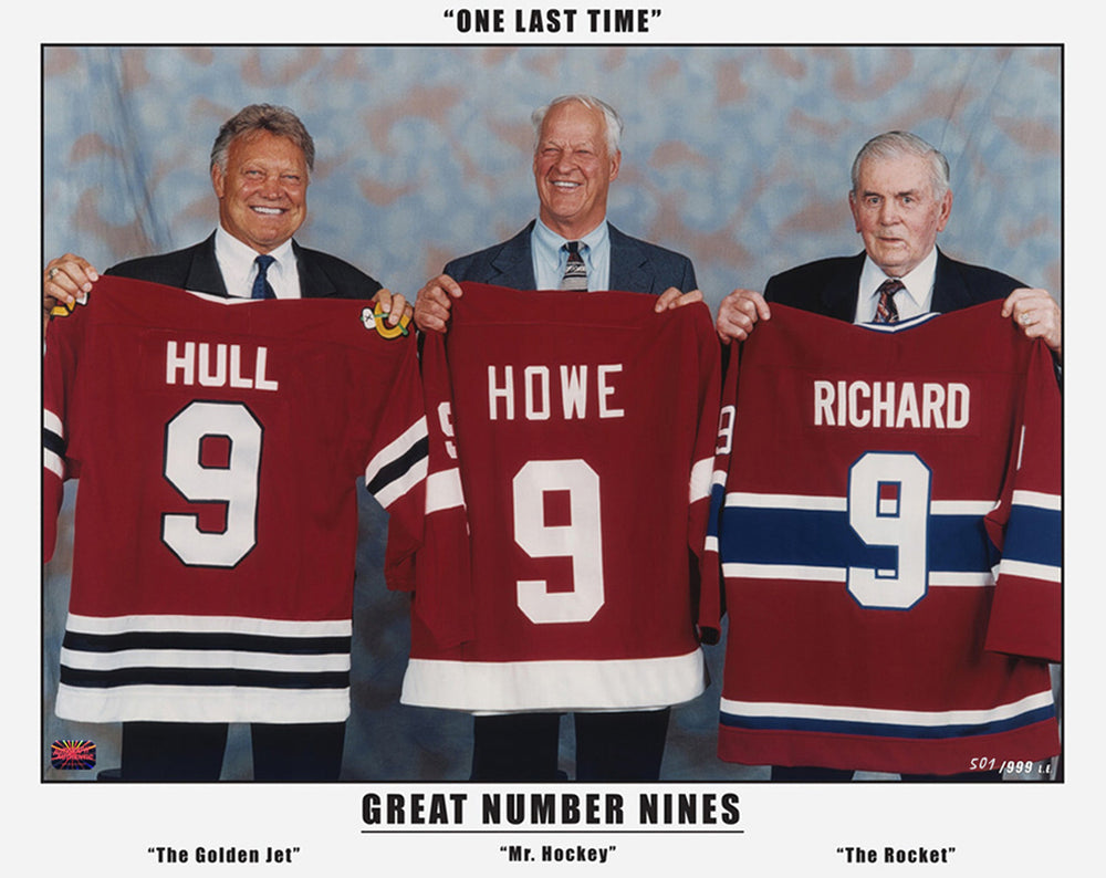 TROIS GRANDS NOMS 16" X 20" MAURICE RICHARD GORDIE HOWE BOBBY HULL PHOTOGRAPHÉ EN ÉDITION LIMITÉE DE 999 LÉGENDES DE LA LNH (20" X 16") – ARTICLE DE COLLECTION – AUTOGRAPHE AUTHENTIQUE