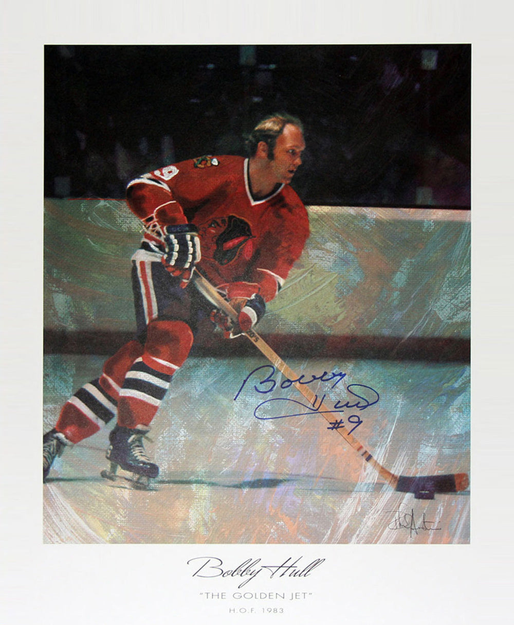 AUTOGRAPHED BOBBY HULL LITHOGRAPH – UNLIMITED EDITION – CHICAGO BLACKHAWKS HOCKEY ART PRINT (22" X 18")