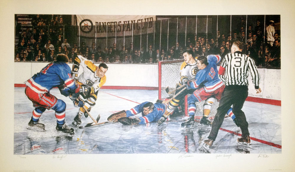 LITHOGRAPHIE SIGNÉE "IN THE SLOT" – VIC HADFIELD, ED GIACOMIN ET JOHN BUCYK – ŒUVRE D'ART HOCKEY EN ÉDITION LIMITÉE (33" X 19")