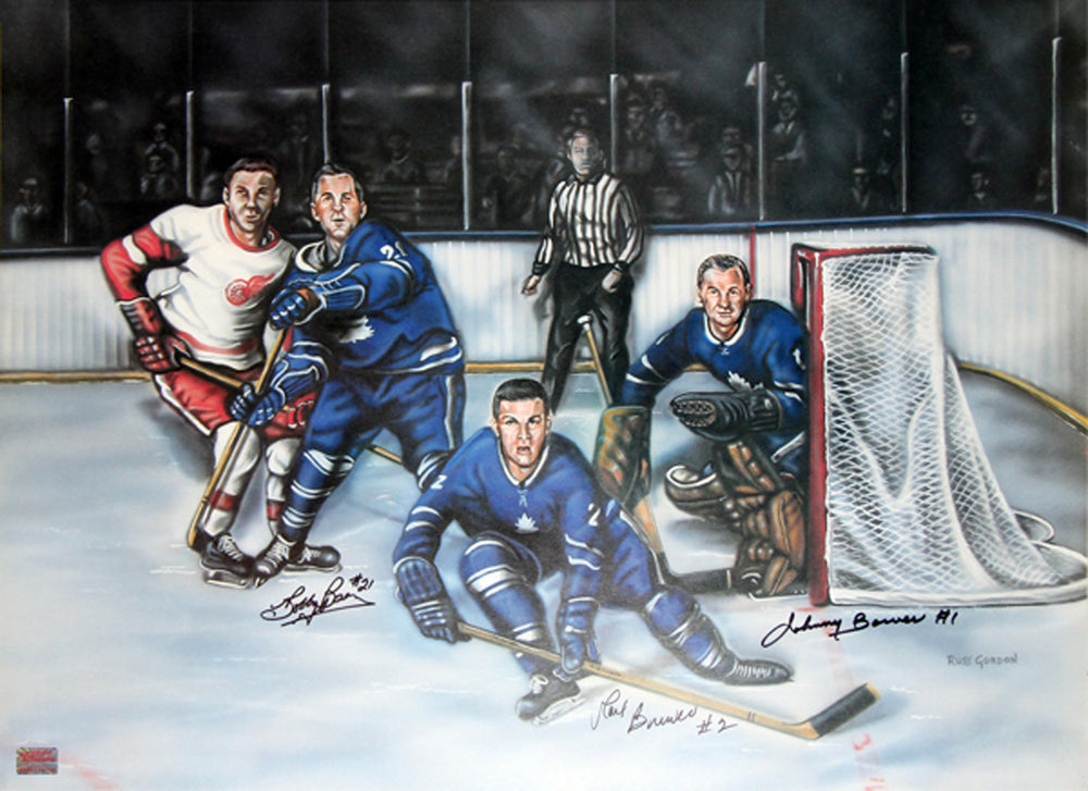 LITHOGRAPHIE DÉDICACÉE « LA DERNIÈRE LIGNE DE DÉFENSE » – BOBBY BAUN, CARL BREWER ET JOHNNY BOWER – ART MURAL HOCKEY DE TORONTO (24" X 18")