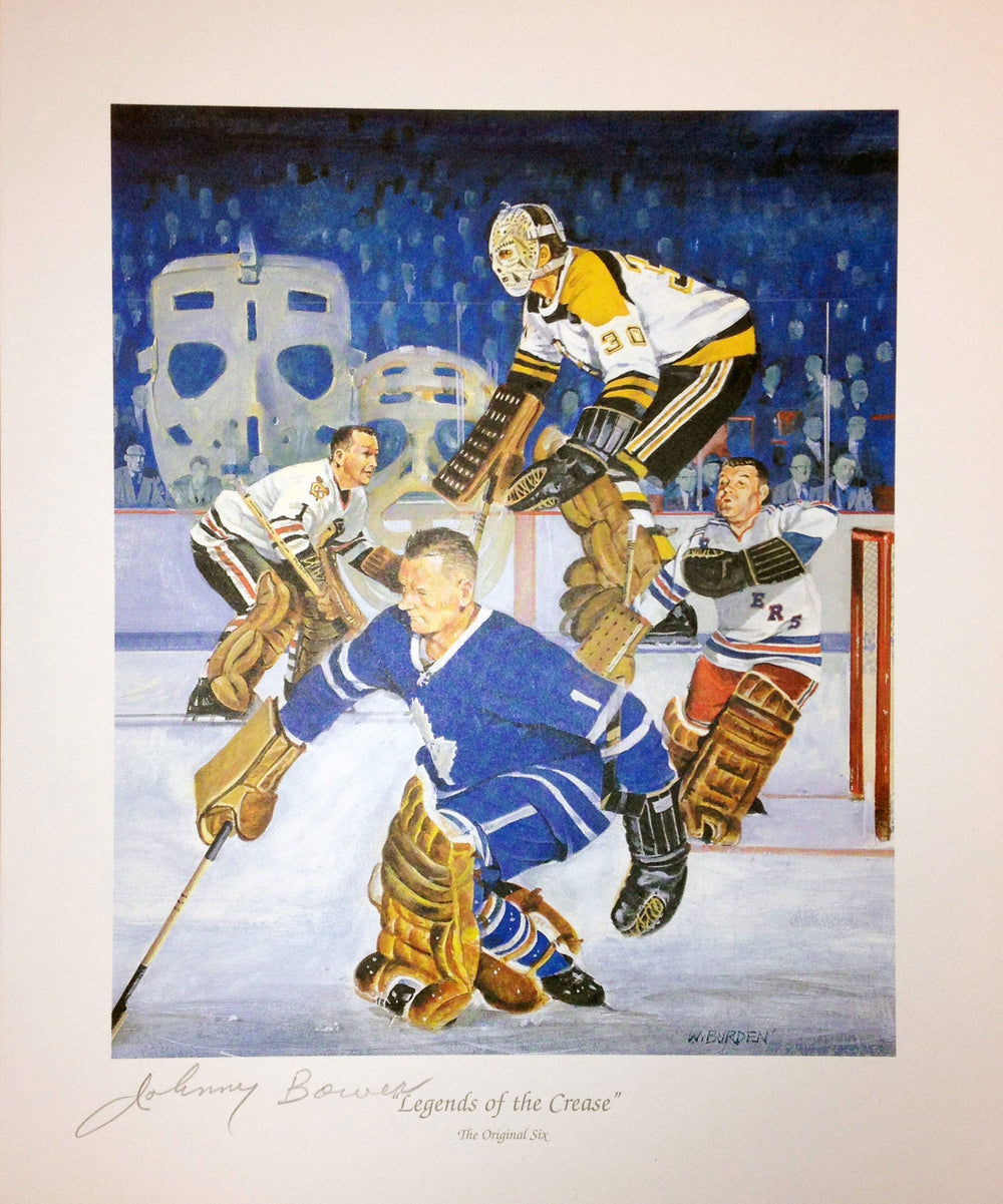 LITHOGRAPHIE SIGNÉE LÉGENDES DE LA BANQUISE – JOHNNY BOWER – DÉCORATION MURALE HOCKEY DE TORONTO (11" X 9")