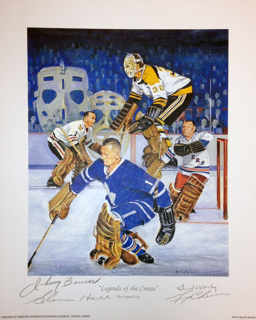 LITHOGRAPH AUTOGRAPHIÉE LÉGENDES DE LA ZONE DE BUT – BOWER, CHEEVERS, HALL, WORSLEY SIGNÉE 11X9 OBJET DE COLLECTION DE GARDIEN DE HOCKEY AVEC COA