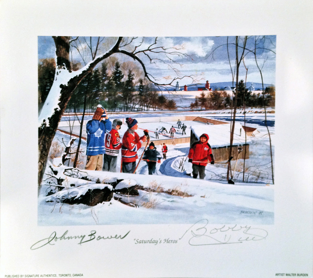 LITHOGRAPHIE LES HÉROS DU SAMEDI SIGNÉE PAR JOHNNY BOWER ET BOBBY HULL – COLLECTION DE GRANDS DE LA LNH DOUBLEMENT AUTOGRAPHIÉE 8,5X8