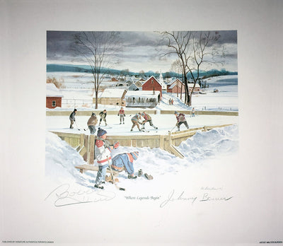 OÙ LES LÉGENDES COMMENCENT – LITHOGRAPHIE SIGNÉE PAR JOHNNY BOWER ET BOBBY HULL – TORONTO ET CHICAGO – 10" X 10" OBJET DE COLLECTION AUTOGRAPHIÉ PAR LA LNH