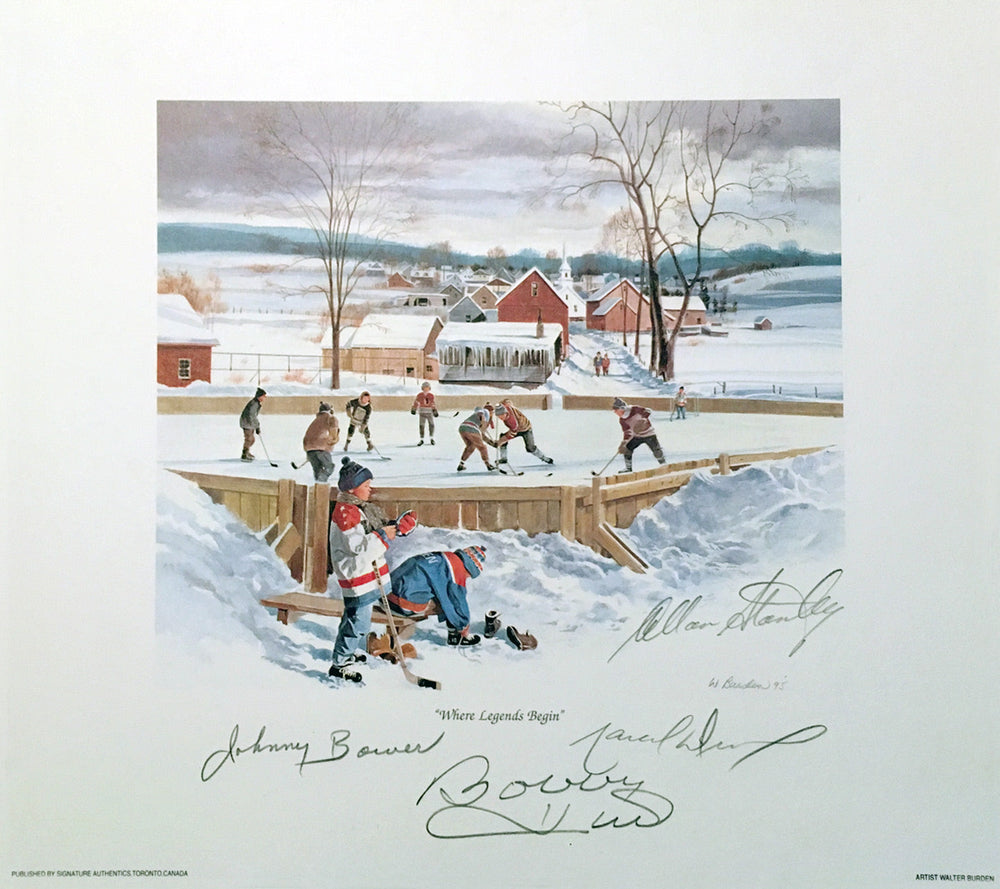 OÙ NAISSENT LES LÉGENDES LITHOGRAPHIE SIGNÉE PAR BOWER, HULL, STANLEY & DIONNE – ART DE COLLECTION LNH 10" X 10" AVEC CERTIFICAT D'AUTHENTICITÉ
