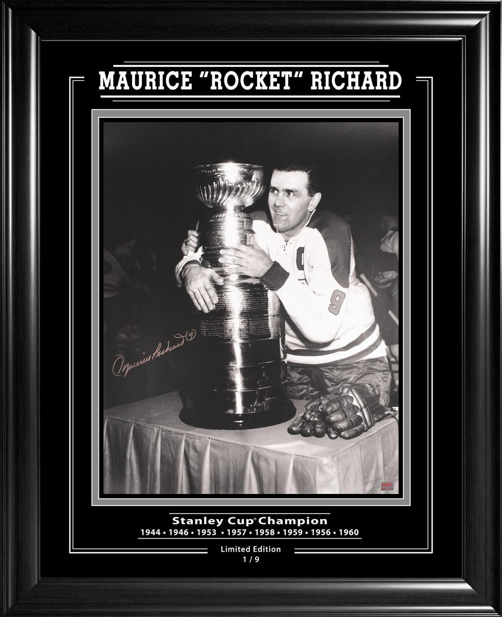 MAURICE ROCKET RICHARD, SIGNÉ, 40 X 50 CM, ÉDITION LIMITÉE N° 1 DE 9 (71 X 61 CM) – OBJET DE COLLECTION AUTOGRAPHIÉ – ENCADRÉ PAR DES PROFESSIONNELS ET PRÊT À ACCROCHER