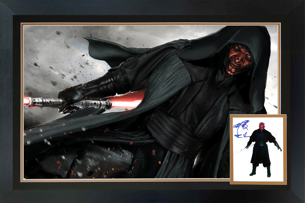 RAY PARK SIGNED DARTH MAUL FRAMED STAR WARS COLLECTIBLE – DOUBLE PHOTO DISPLAY WITH AUTOGRAPH (38.5" X 28")