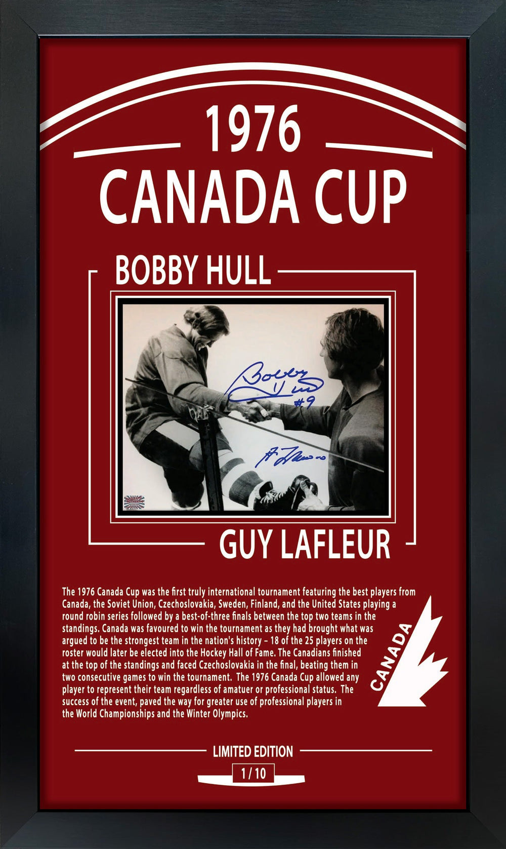 COUPE HOCKEY CANADA 1976 ENCADRÉE AUTOGRAPHE – BOBBY HULL & GUY LAFLEUR SIGNÉ 8" X 10" – ÉDITION LIMITÉE #1/10 OBJET DE COLLECTION (30" X 19.5")