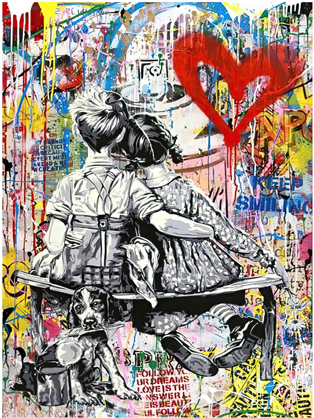 BANKSY CUDDLES ON THE BENCH WITH DOG & RED HEART – STREET ART CANVAS WALL DECOR (33.5" BY 23.5") URBAN POP GRAFFITI ARTWORK