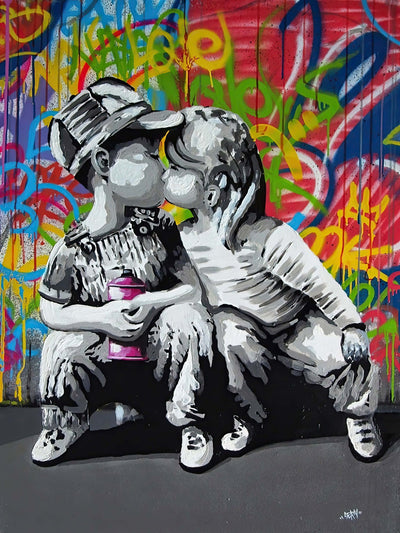 BANKSY FIRST KISS – DÉCORATION MURALE TOILE ART URBAIN (85 CM X 60 CM) POP GRAFFITI ŒUVRE D'ART AMOUR