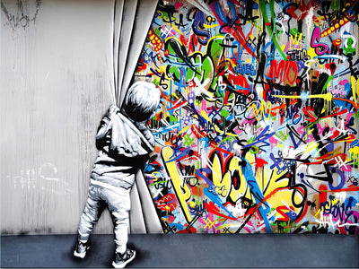 BANKSY LÈVE LE RIDEAU – IMPRESSION SUR TOILE STREET ART POLITIQUE (85 x 60 cm) DÉCOR MURAL GRAFFITI URBAIN