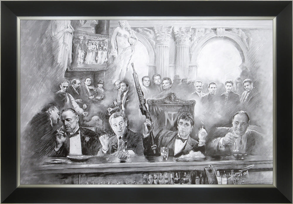 CLASSIC MAFIA BOSSES FRAMED ART – BRANDO, DE NIRO, PACINO & GANDOLFINI (33.5" BY 23.5")