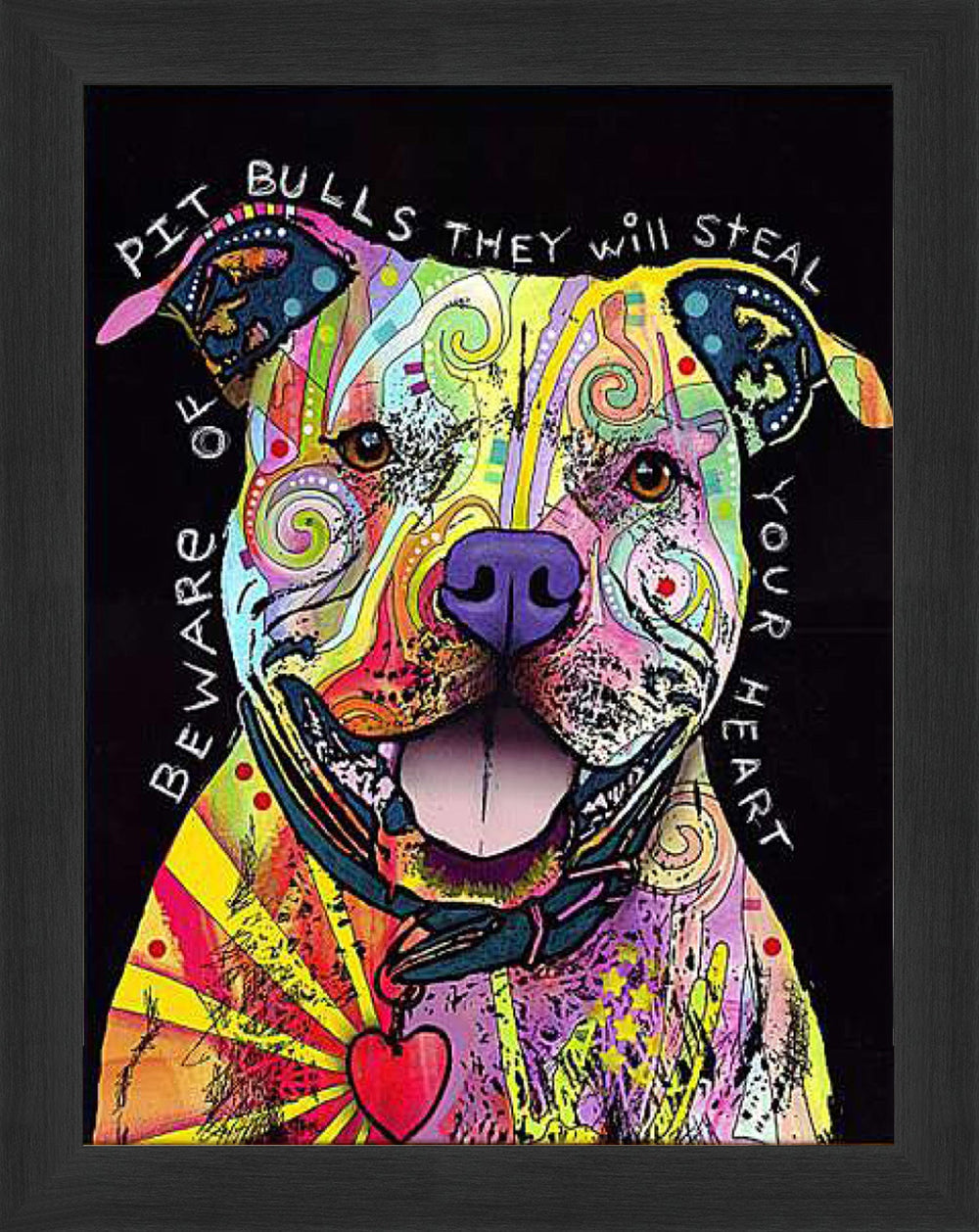 BEWARE OF PIT BULLS COLORFUL  FRAMED CANVAS WALL ART (33.5" X 23.5") – BOLD DOG LOVER DÉCOR