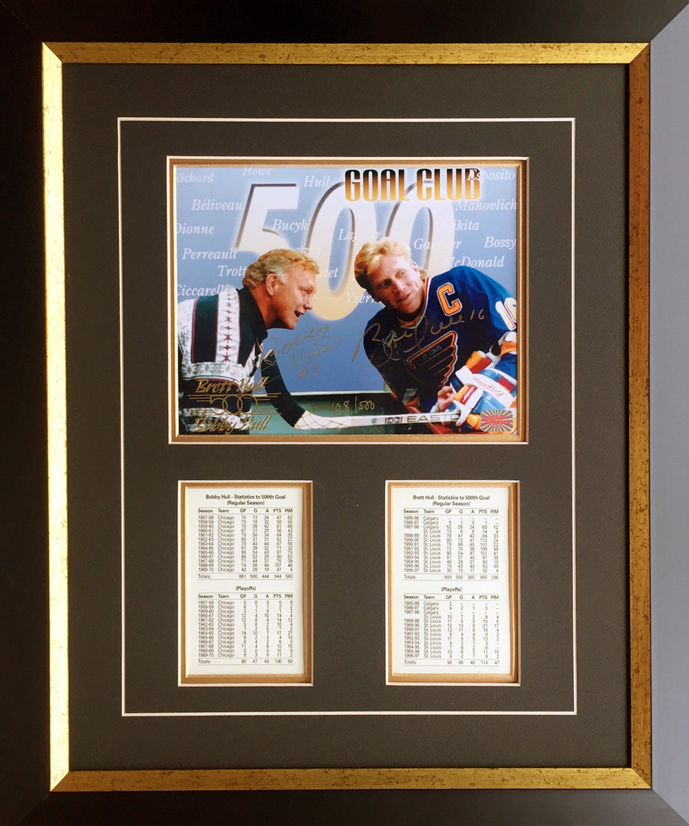 PHOTO AUTOGRAPHIÉE BOBBY HULL & BRETT HULL – CARTE DE SCORE DE CHICAGO ET ST. LOUIS (55,88 x 40,64 cm)