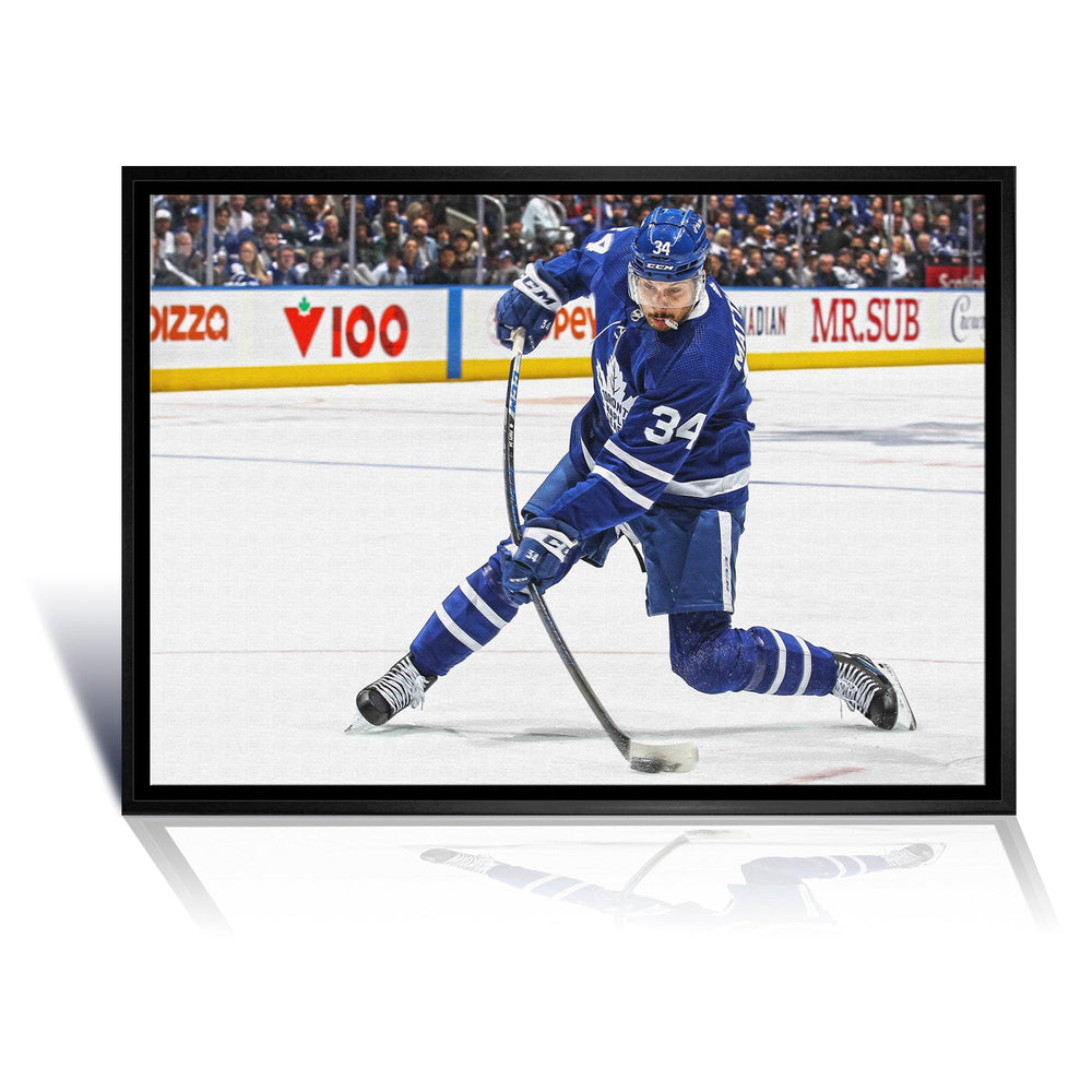 AUSTON MATTHEWS SLAPSHOT TORONTO HOCKEY NHL LICENSED FRAMED CANVAS – MUSEUM QUALITY DISPLAY PRINT FOR LEAFS FANS – SPORTS WALL ART DECOR PIECE – OFFICIAL COLLECTOR GIFT – AUTOGRAPH AUTHENTIC MEMORABILIA (31.5" BY 22.5")